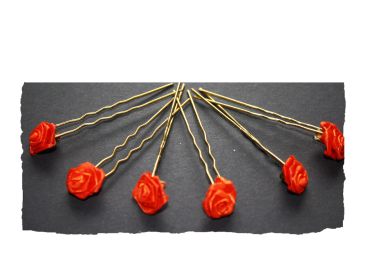 Haarschmuck - 6 goldfarbene Haarnadeln mit Rosen in der Farbe orange